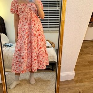 Abercrombie & Fitch Pink Floral Midi Puff Sleeve Poplin Dress- Size Small